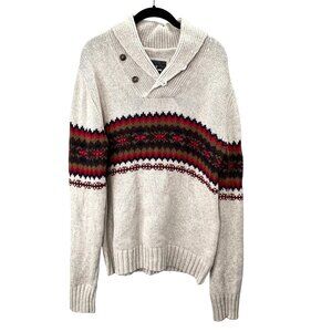 LOGG H&M Nordic Grandpa Sweater L Men Beige Red Tan Ski Shawl Collar Wool Blend